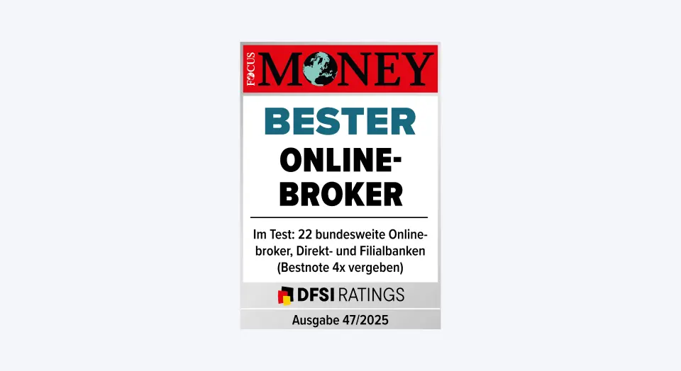 Auszeichnung Bester Online-Broker von FOCUS Money auf hellgrauem Hintergrund