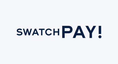 Logo Swatch Pay schwarzer und blauer Schriftzug auf hellgrauem Hintergrund