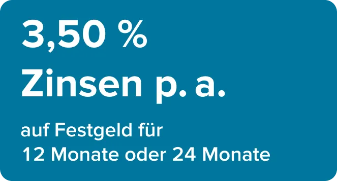 Blauer Störer mit weißer Schrift für Zinsen aufs Festgeld