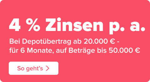 Störer in korall mit weißer Schrift 4% Zinsen für Beträge bis 50.000 Euro Depotübertragung, So gehts fordert zum Klicken auf das Bild auf